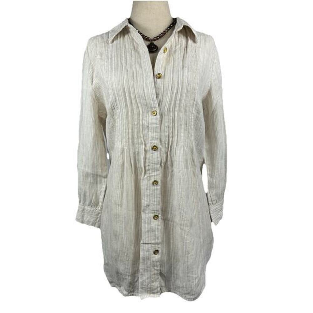 Charter Club Linen Luxury Striped Roll Tab Button Down Top Coastal Chic Petite M